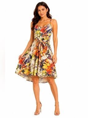 Jessica Simpson Tropical Floral Tie Waist Sundress Medium Colorful Summer Dress